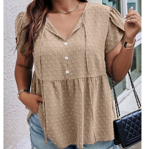 Plus Swiss Dot Button Neck Tie Puff Sleeve Blouse - Picture 5 of 6